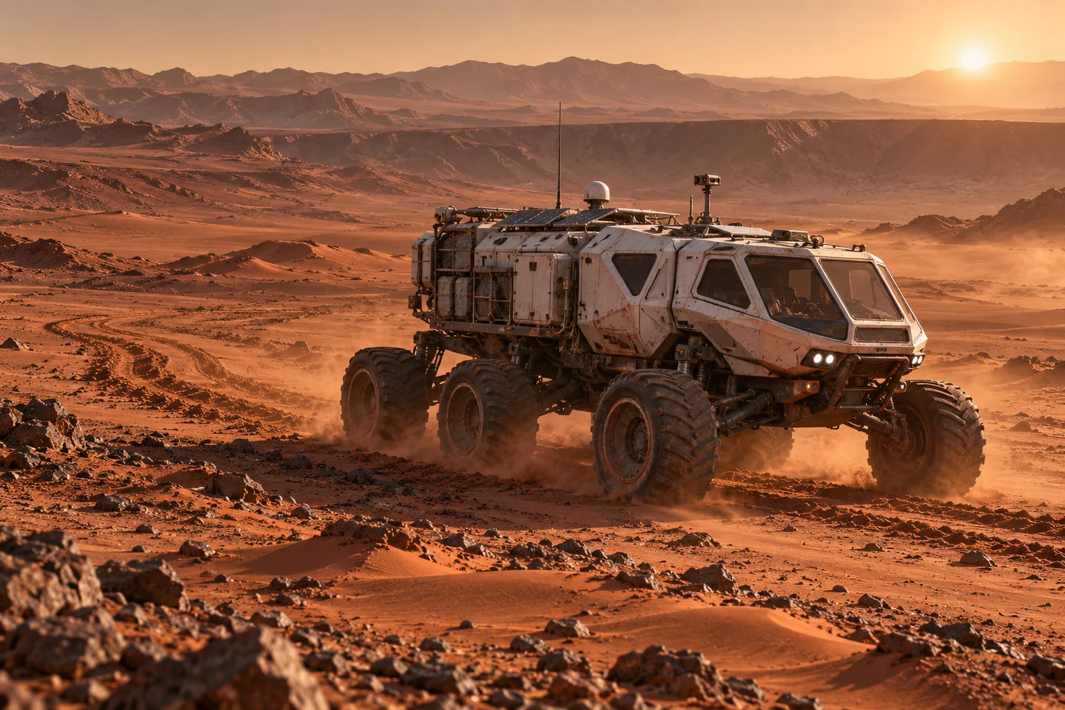 An original long-range pressurized Mars rover crossing a dusty plain