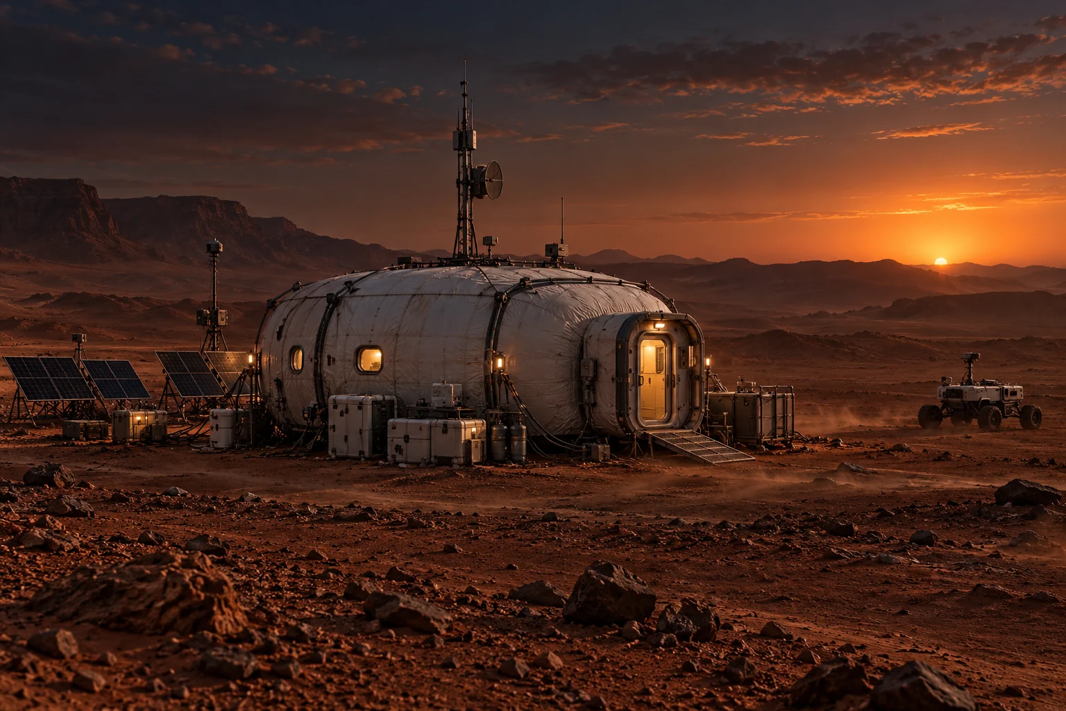 An original near-future Mars habitat glowing at dusk